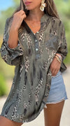 Women's Casual V-neck Leopard Print Long-sleeved T-shirt