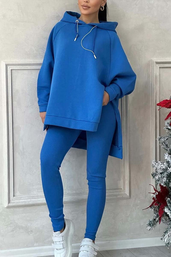 Women's casual solid color slit hem hooded sweatshirt sports suit