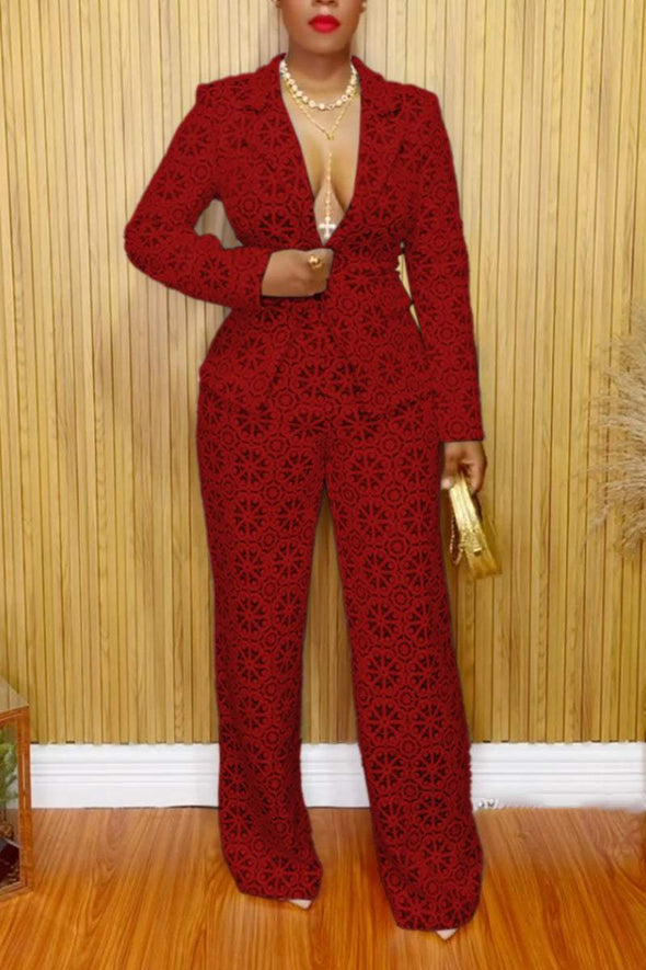 Women's Elegant Lace Blazer And Trousers Commuter Suit