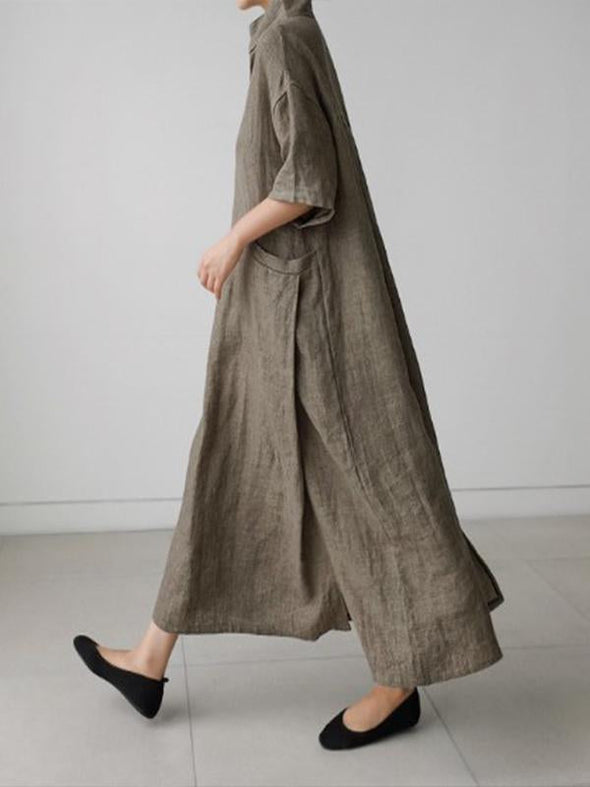 Loose plus size shirt dress cotton and linen fashion long over the knee skirt