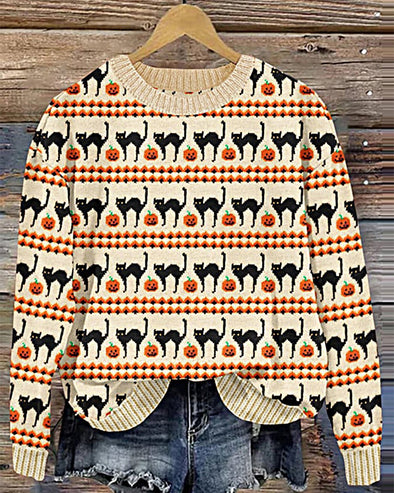 Women's Halloween Cat Print Cozy Knit Sweater