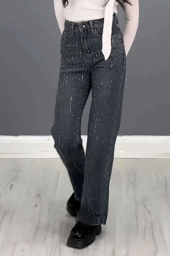 Women's Fashion Striped Diamond Embellished Jeans