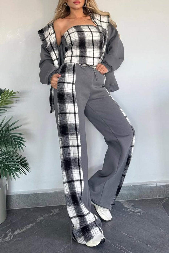 Women's Casual Plaid Patchwork Hooded Two-piece Set