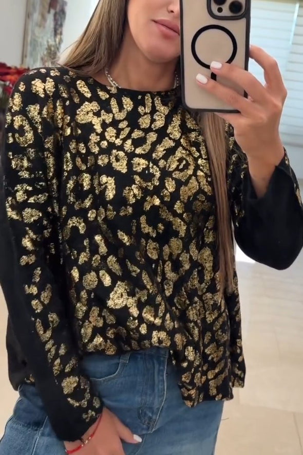 Women's Fashion Casual Round Neck Leopard Print Gold Stamping Knitted Sweater