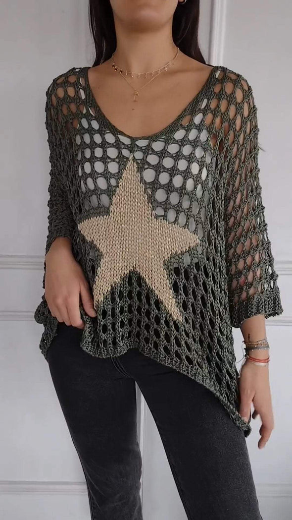 Women's V-neck Sleeve Knitted Star Print Blouse 2-piece Set