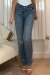 Women's cool sequined irregular ripped denim trousers