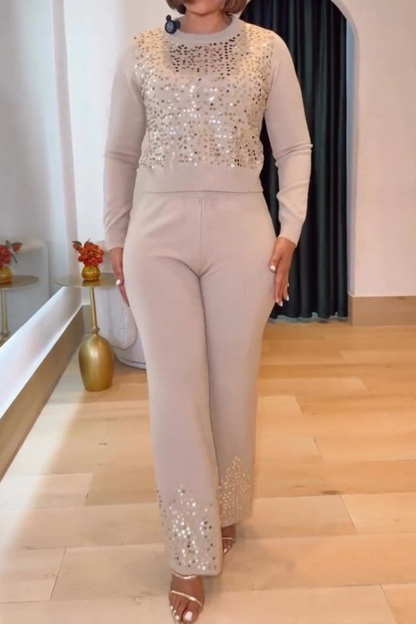 Women's Casual Round Neck Suit Sequined Two-piece Suit