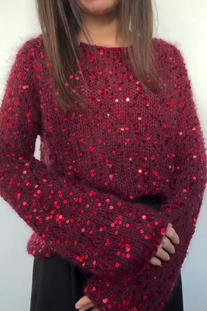 Women's Solid Color Round Neck Pullover Sequined Sweater