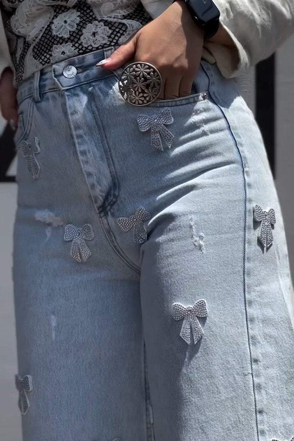 Women's Casual Bow Embellished Denim Trousers