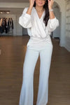 Women's Elegant V-Neck Pleated Long Sleeves & Elegant Twisted Flare Pants