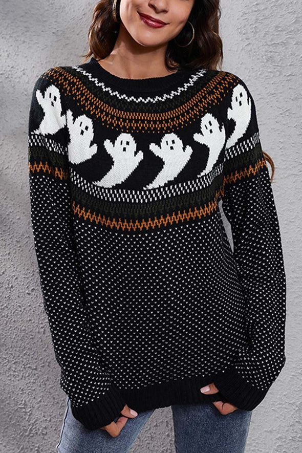 Women's Halloween Ghost Retro Polka Dot Long Sleeve Knitted Sweater