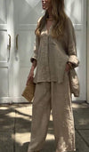 Women's Casual Solid Color Cotton and Linen Two Piece Suit