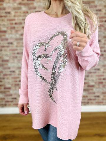 Women's Round Neck Heart Sequin Design Casual Top