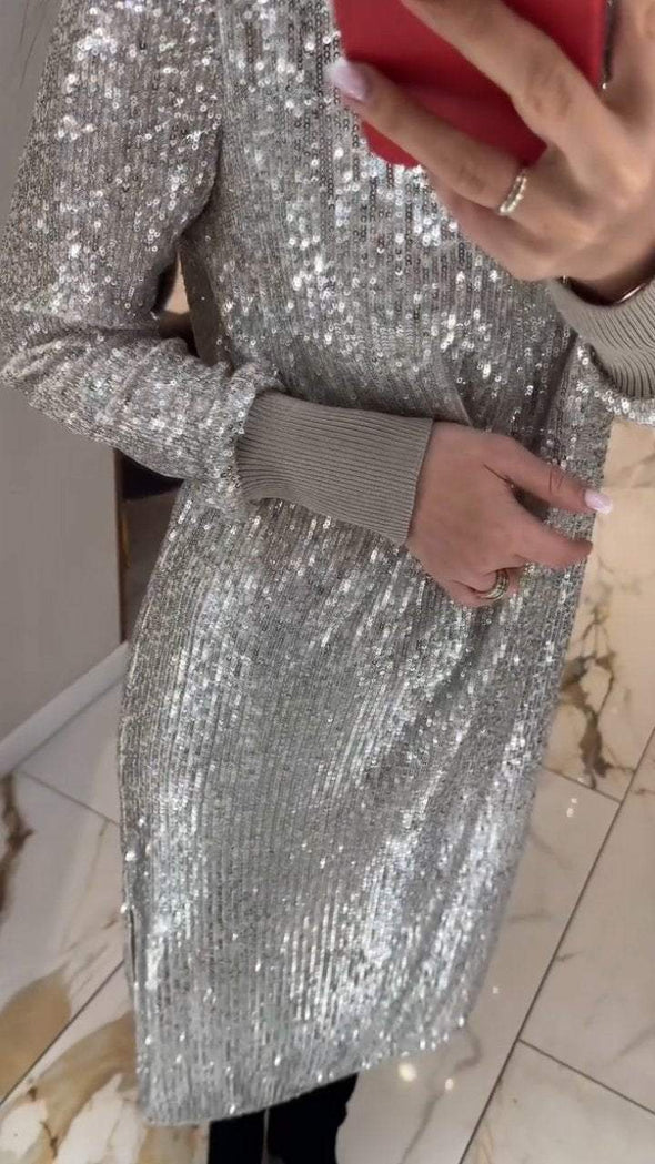 Women's Round Neck Long Sleeve Sequin Dress