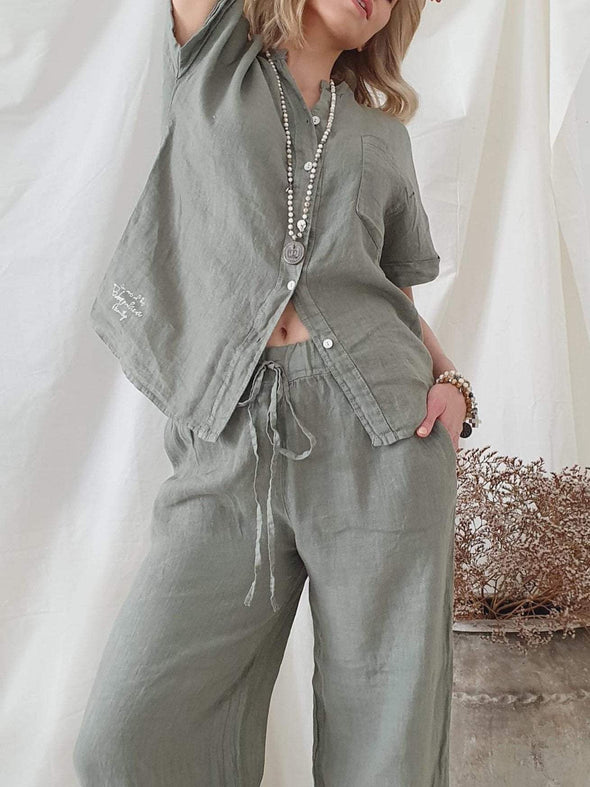 Women's Cotton And Linen Short-Sleeved Pants Suit