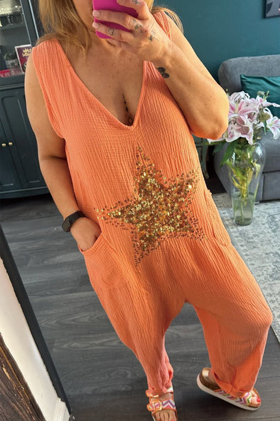 Beaded star V-neck jumpsuit