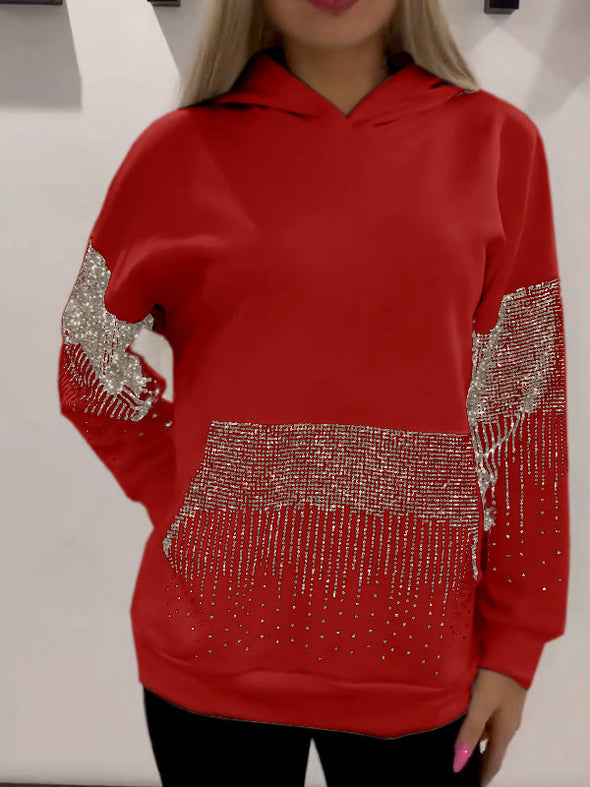 Women's Hooded Long-sleeved Rhinestone Sweatshirt