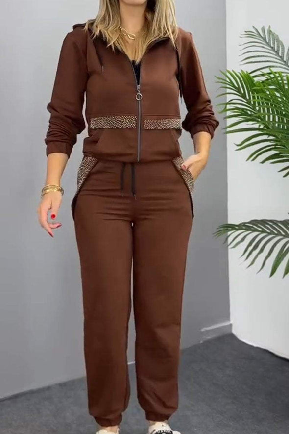 Casual Solid Color Diamond Cardigan and Pants Two-piece Set