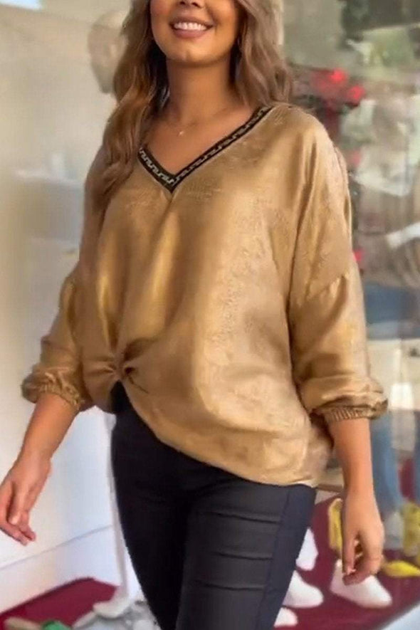 Women's Casual V-neck Long-sleeved Gold-stamped T-shirt