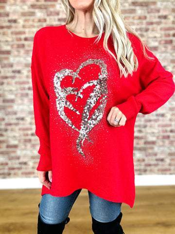 Women's Round Neck Heart Sequin Design Casual Top