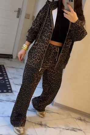 Women's Leopard Print Hoodies and Pants Set