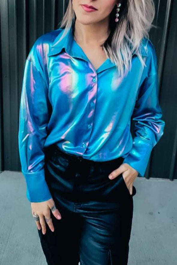 Women's Fashion Metallic Shiny Coated Shirt