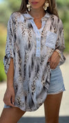 Women's Casual V-neck Leopard Print Long-sleeved T-shirt