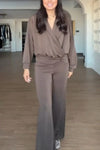 Women's Elegant V-Neck Pleated Long Sleeves & Elegant Twisted Flare Pants