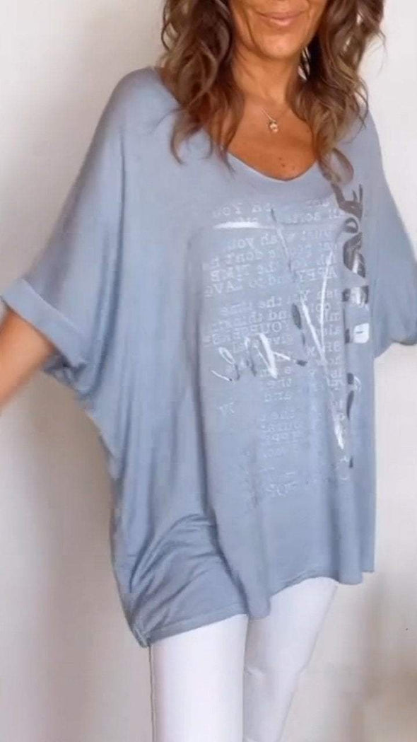 Women's V-neck Printed Mid-sleeve Casual Top