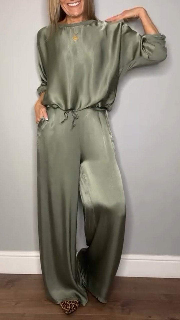 Women's Round Neck Satin Top + Trousers Casual Suit