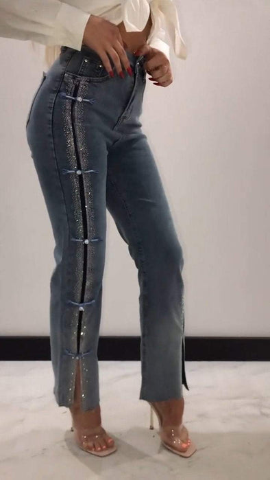 Women's Hot Diamond Patchwork Design Slit Slim Jeans