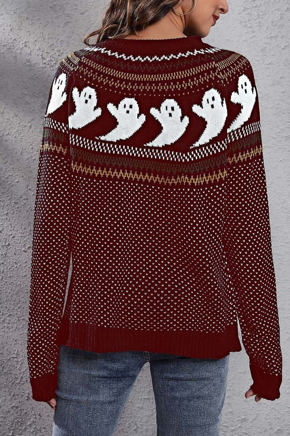 Women's Halloween Ghost Retro Polka Dot Long Sleeve Knitted Sweater