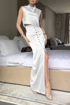 Women's Elegant Satin Top and Button Decorated Slit Skirt Two-Piece Set