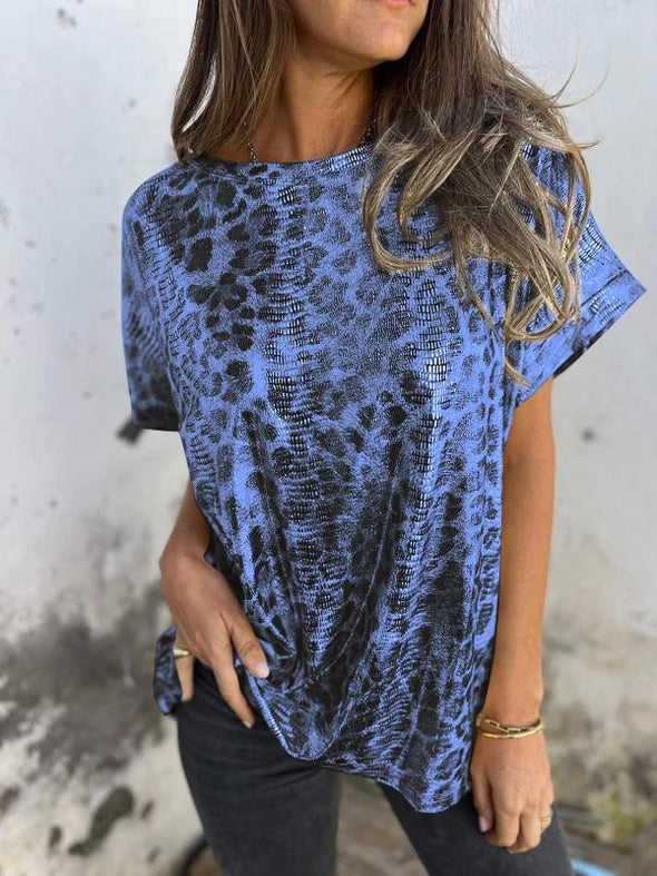 Women's Round Neck Short Sleeve Leopard Print Top