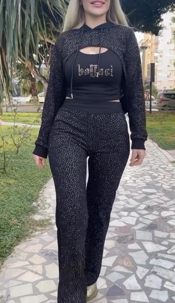 Women's Sequined Hoodie, Rhinestone Lettering Vest and Pants Three-Piece Set