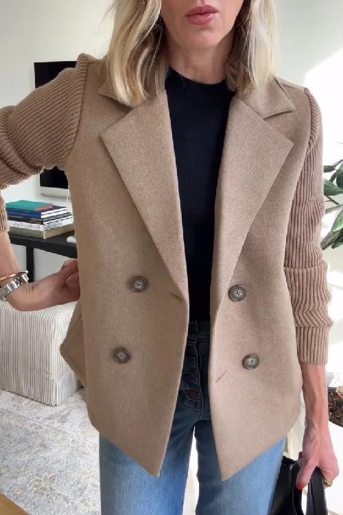 Women's Lapel Button Patchwork Sleeve Casual Coat with Two Pockets on the Sides