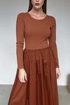 Women's solid color long sleeve knitted patchwork pleated dress