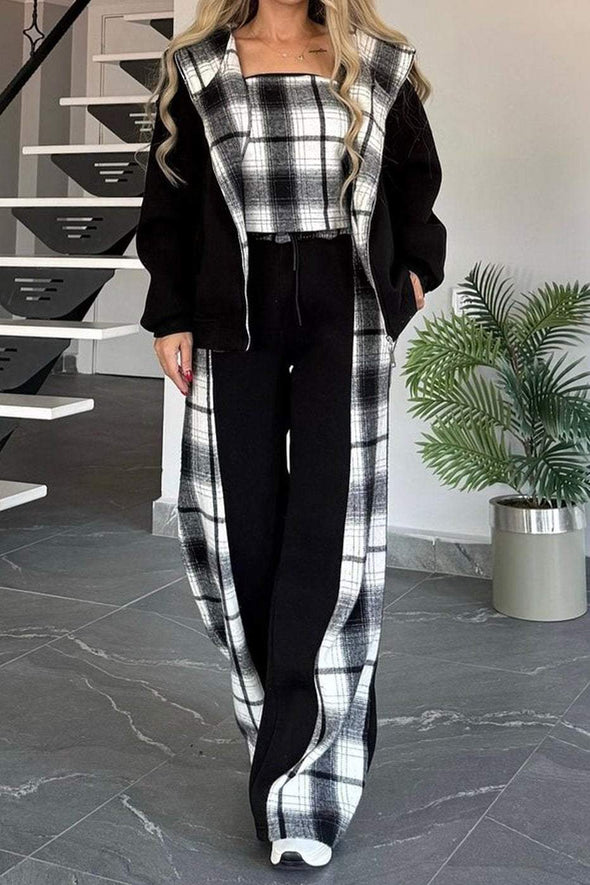 Women's Casual Plaid Patchwork Hooded Two-piece Set