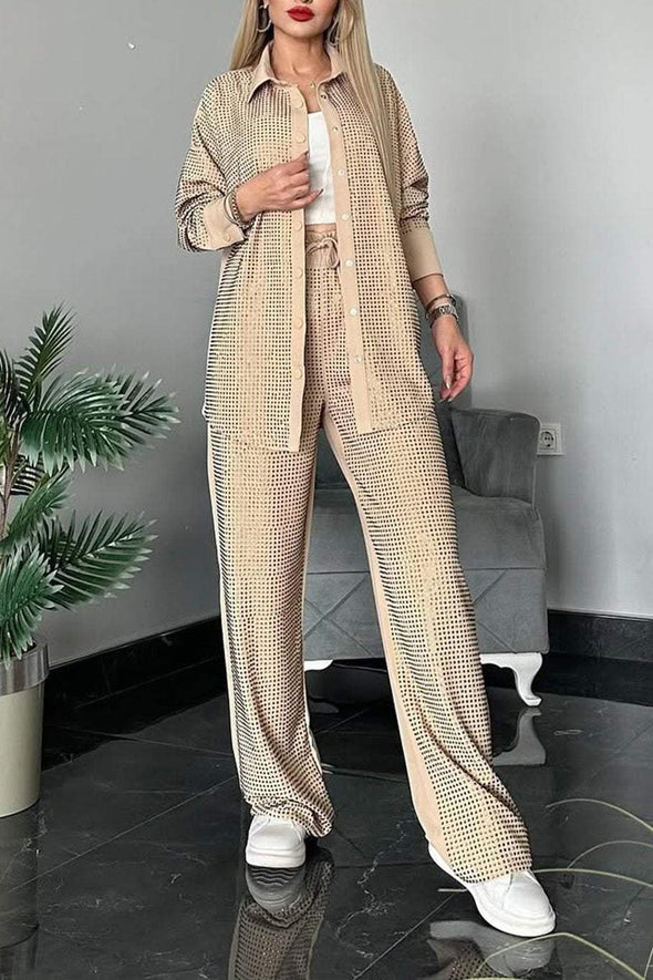 Women's Casual Solid Color Full Diamond Shirt Two-piece Set