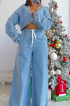 Women's Elegant V-neck Denim Top And Wide-leg Jeans Suit