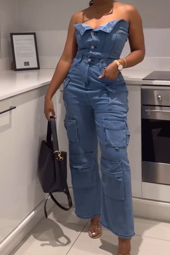 Women's Sexy Off-the-shoulder Denim Jumpsuit