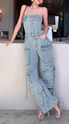 Women's Slightly Elastic Tube Top Multi-pocket Workwear Denim Jumpsuit