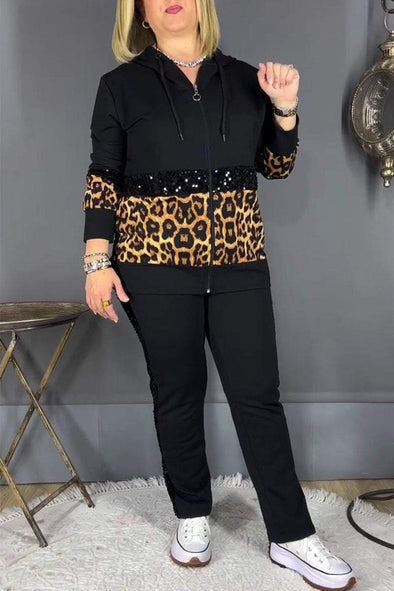 Women's Hooded Sequined Leopard Print Casual Suit