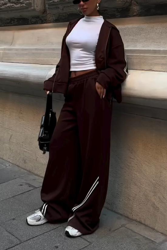 Women's Casual Fashion Hooded Jacket with Contrasting Twill Wide-leg Pants Two-piece Suit