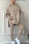 Women's casual solid color slit hem hooded sweatshirt sports suit