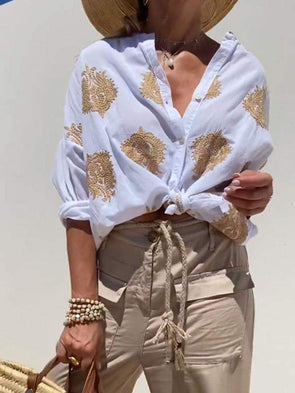 Casual embroidered cotton and linen shirt top