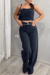 Women's Sexy High-end Flash Diamond Stretch Tube Top Jeans Suit