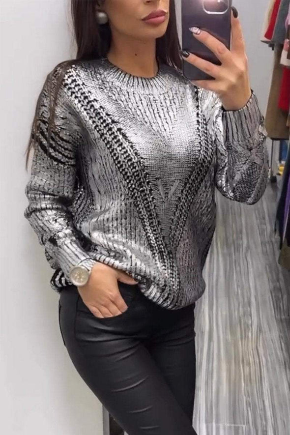 Women's Casual Round Neck Metallic Knitted Sweater