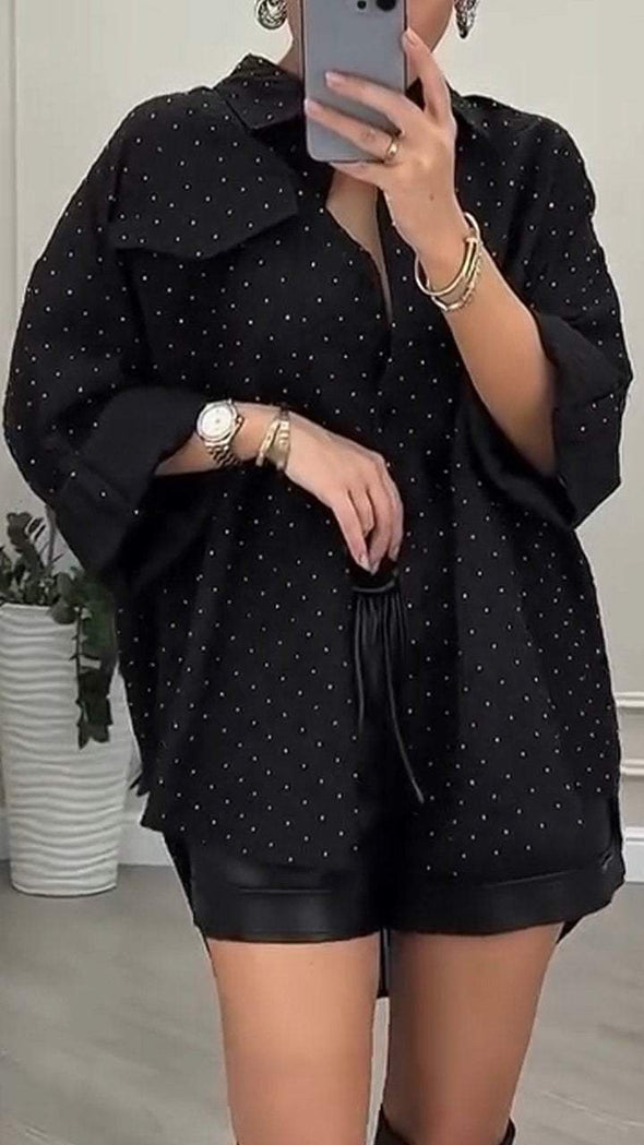 Women's Lapel Mid-sleeve Rhinestone Shirt