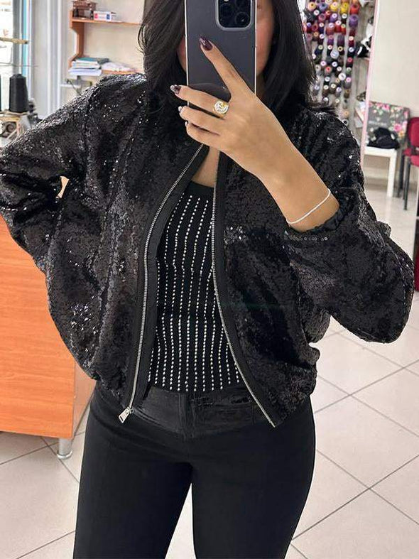 Women's Round Neck Zipper Sequined Casual Top